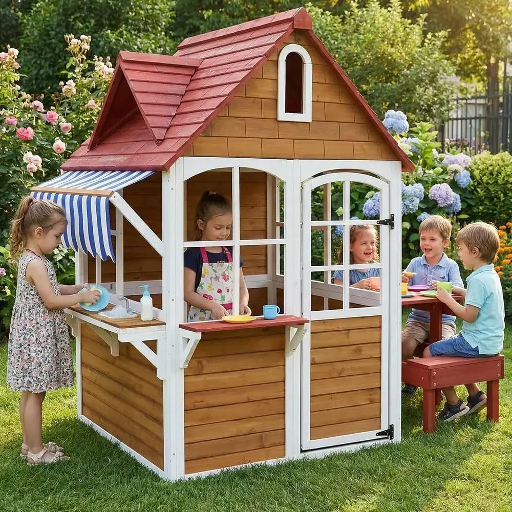 Kids Outdoor Bench Table - Duży, solidny drewniany domek dla dzieci