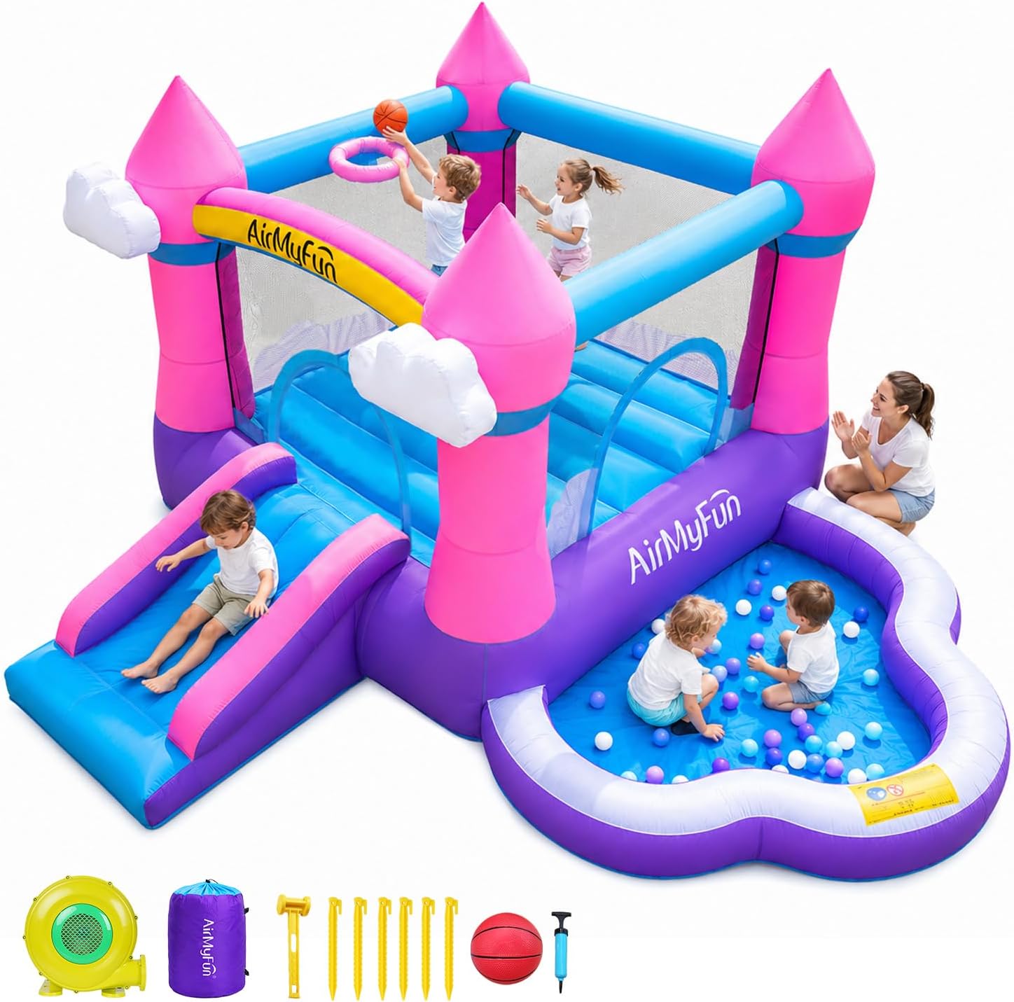 Kids Outdoor House With Slide - Różowy dmuchany zamek do skakania dla